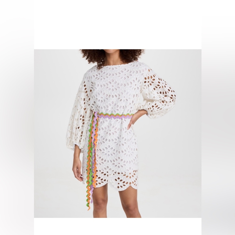 White Eyelet Lace Dress with Colorful Ric Rac Belt